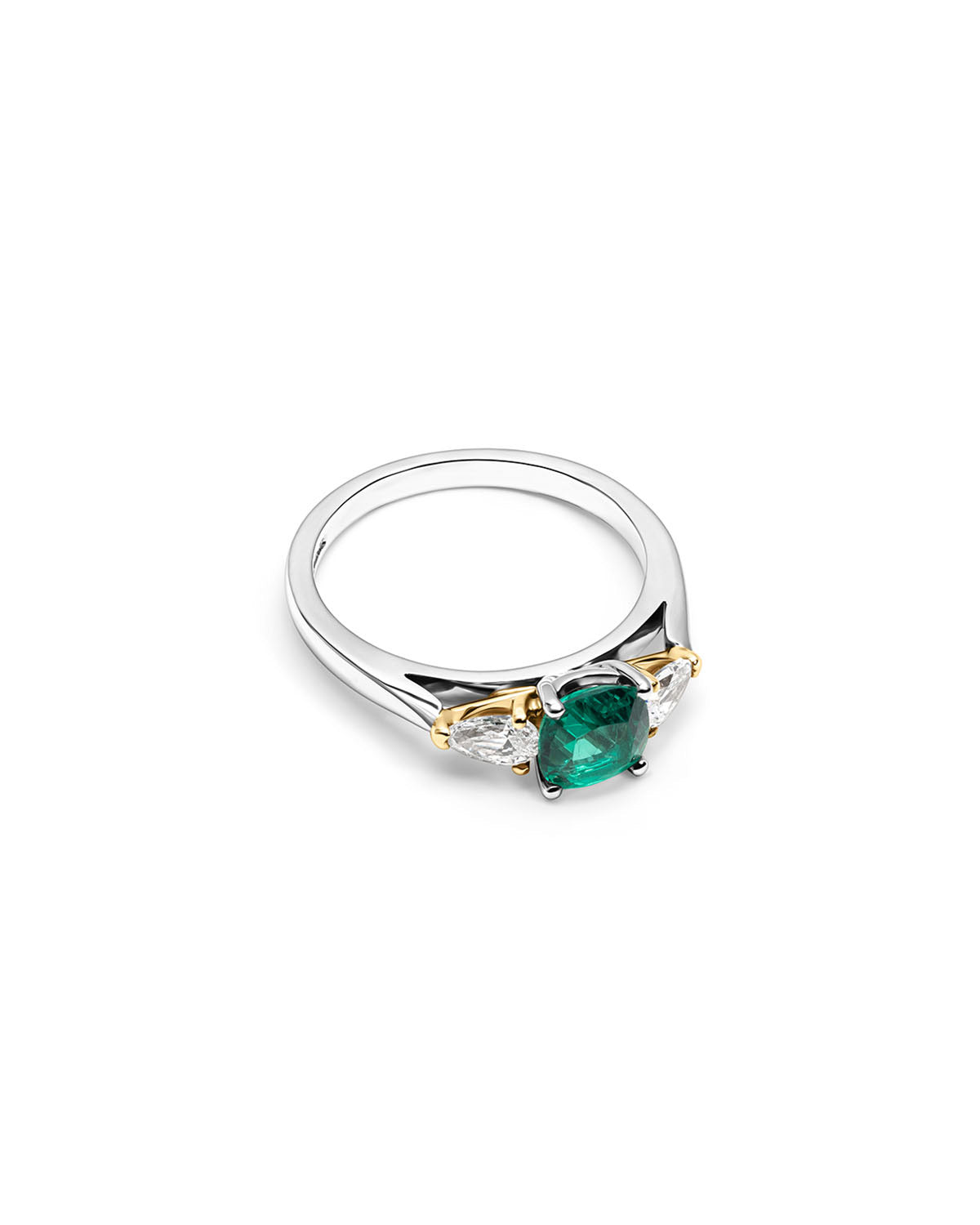 Cushion Cut Emerald Ring with Pear Cut Side Stones