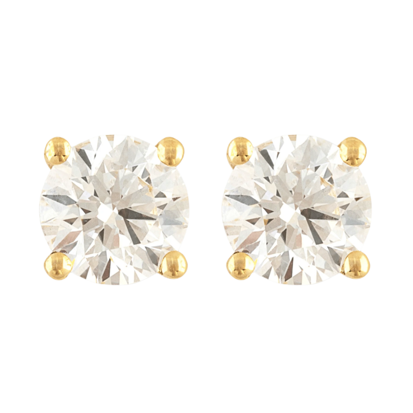 A pair of round brilliant-cut lab-grown diamond stud earrings set in classic gold prong settings, displayed on a transparent checkered background for a minimalist presentation.