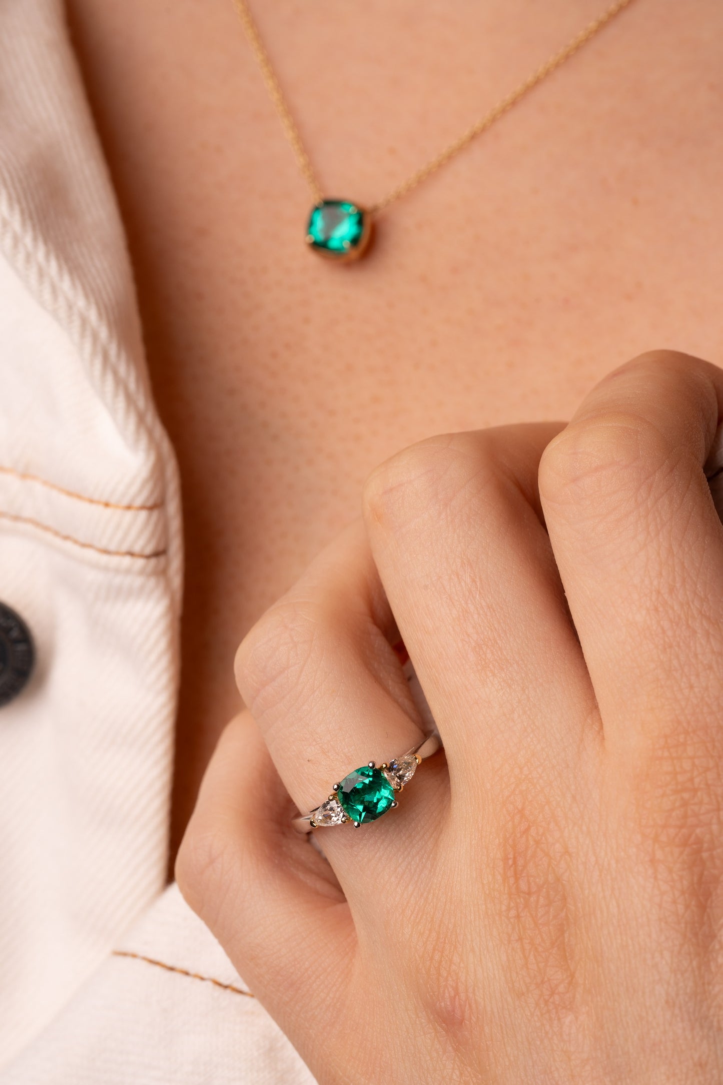 Cushion Cut Emerald Ring with Pear Cut Side Stones