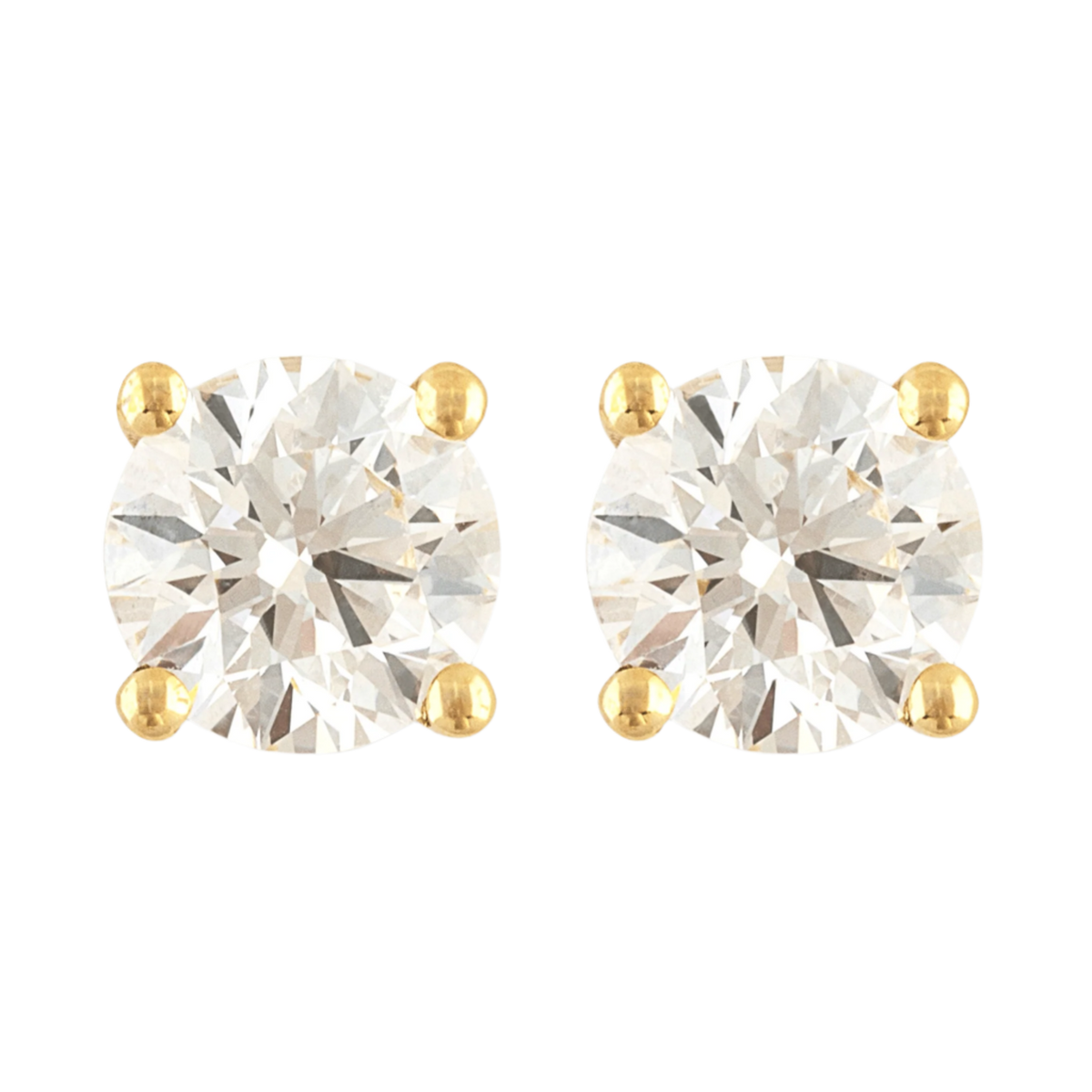 A pair of round brilliant-cut lab-grown diamond stud earrings set in classic gold prong settings, displayed on a transparent checkered background for a minimalist presentation.