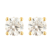 A pair of round brilliant-cut lab-grown diamond stud earrings set in classic gold prong settings, displayed on a transparent checkered background for a minimalist presentation.