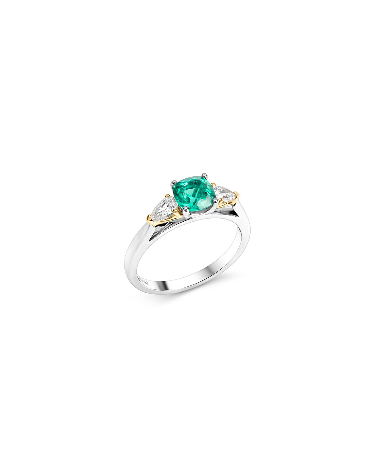 Cushion Cut Emerald Ring with Pear Cut Side Stones